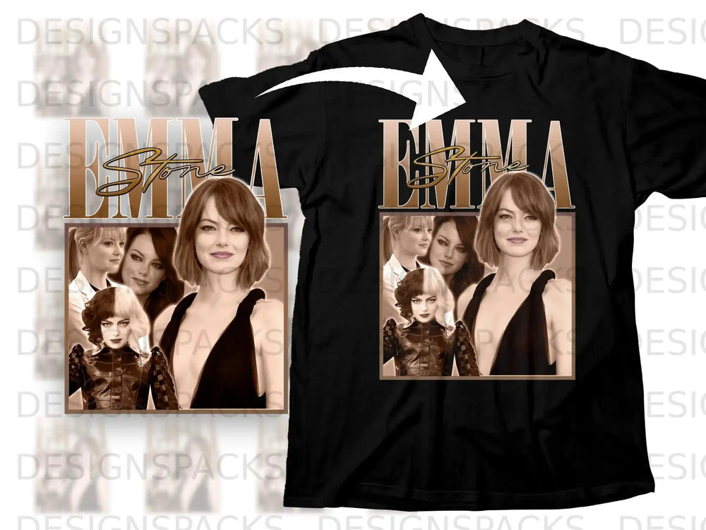 Emma Stone black t-shirt graphic with her face featured in a collage.