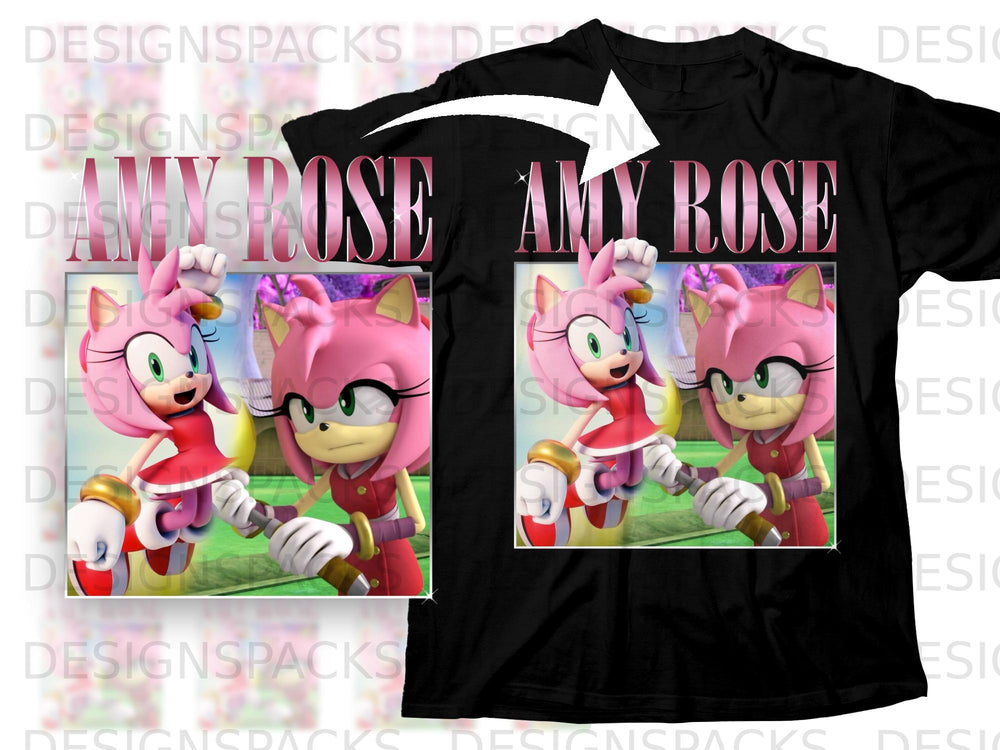 Black t-shirt featuring Amy Rose graphic with pink text above.
