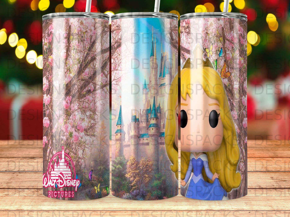 Aurora, Cinderella Castle, and nature scene on three tumblers.