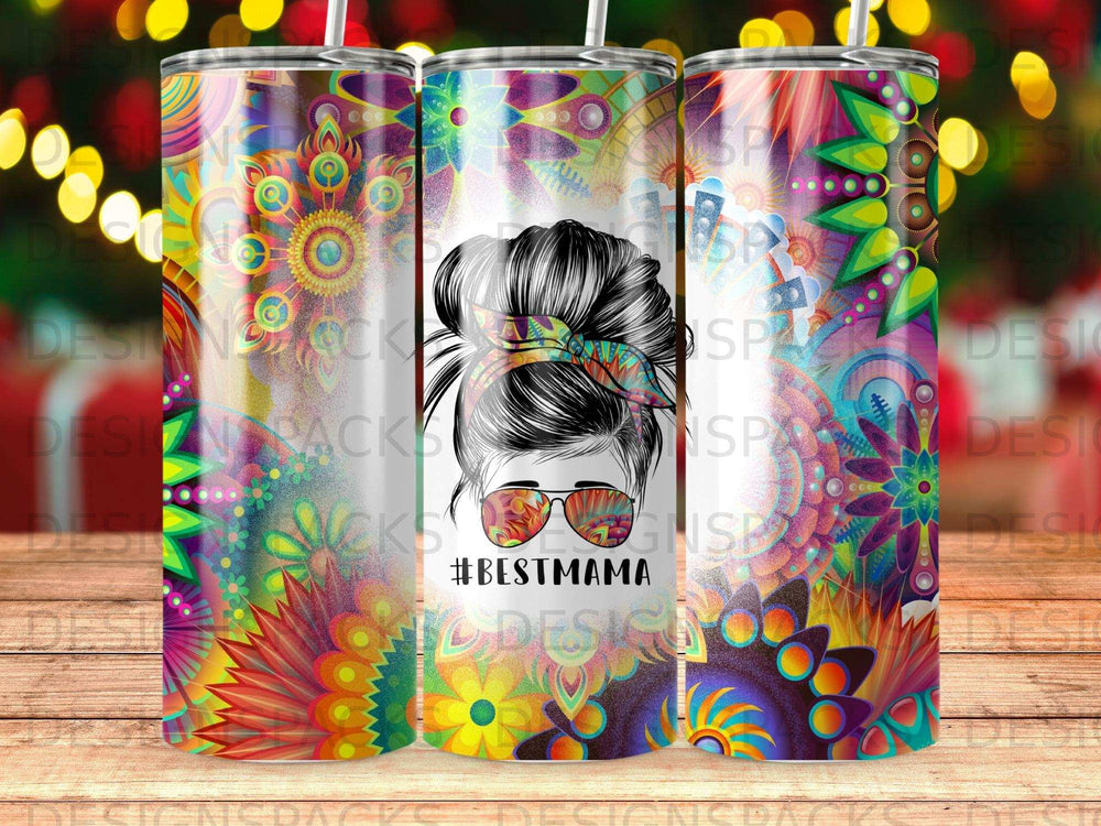 Tumbler with messy bun mom graphic, sunglasses, and floral designs.