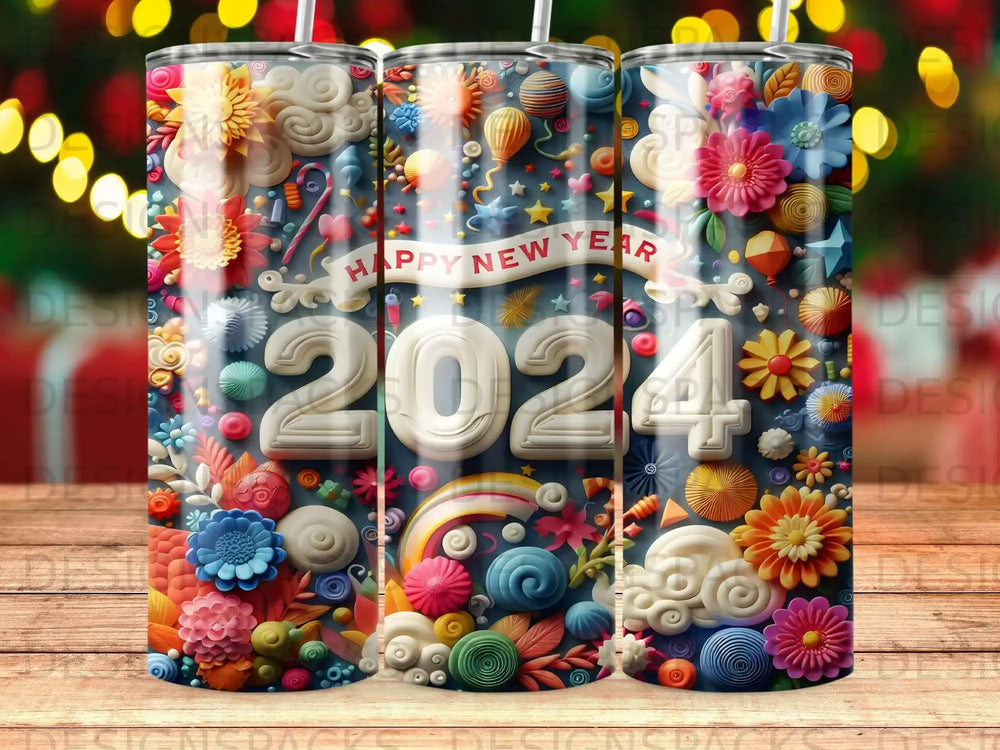 2024 New Year tumbler with colorful floral and cloud decorations.