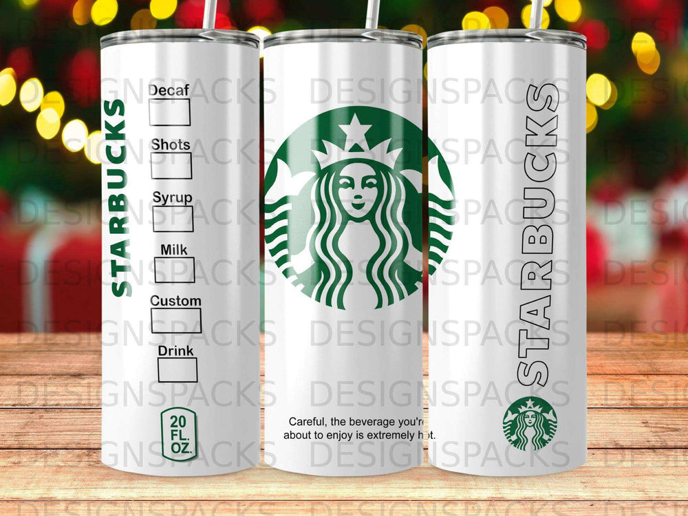 Starbucks tumbler with logo and hot beverage warning text.