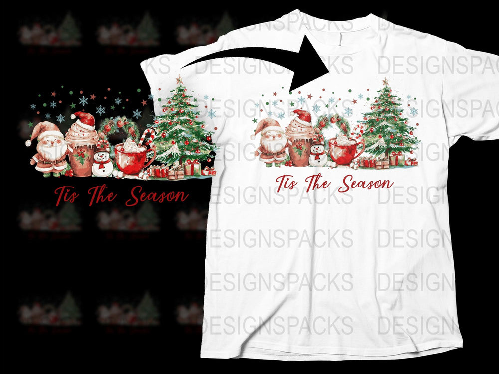 Festive Christmas T-Shirt, Santa Claus and Trees Holiday Design, Family Matching Tee, Winter Apparel
