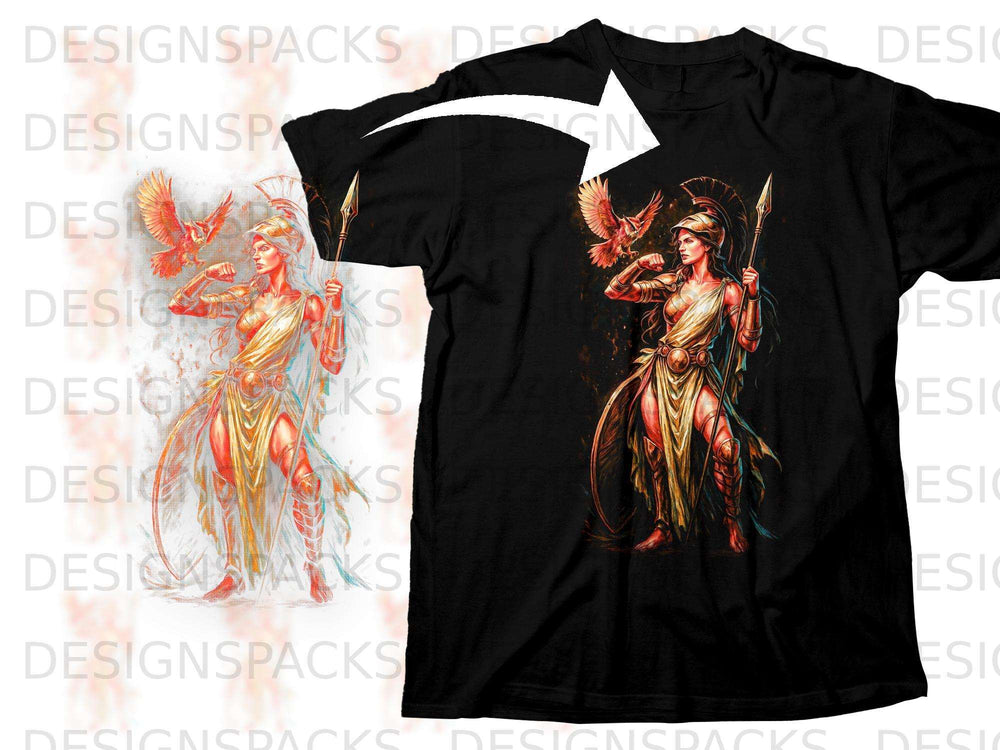 Black t-shirt featuring Athena with spear and owl, rendered in warm tones.