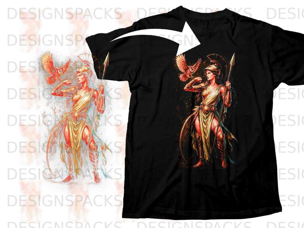 Black t-shirt featuring Athena with spear and owl, rendered in warm tones.