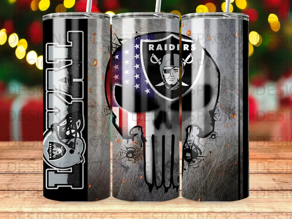 Las Vegas Raiders skull tumbler with American flag and team logo.