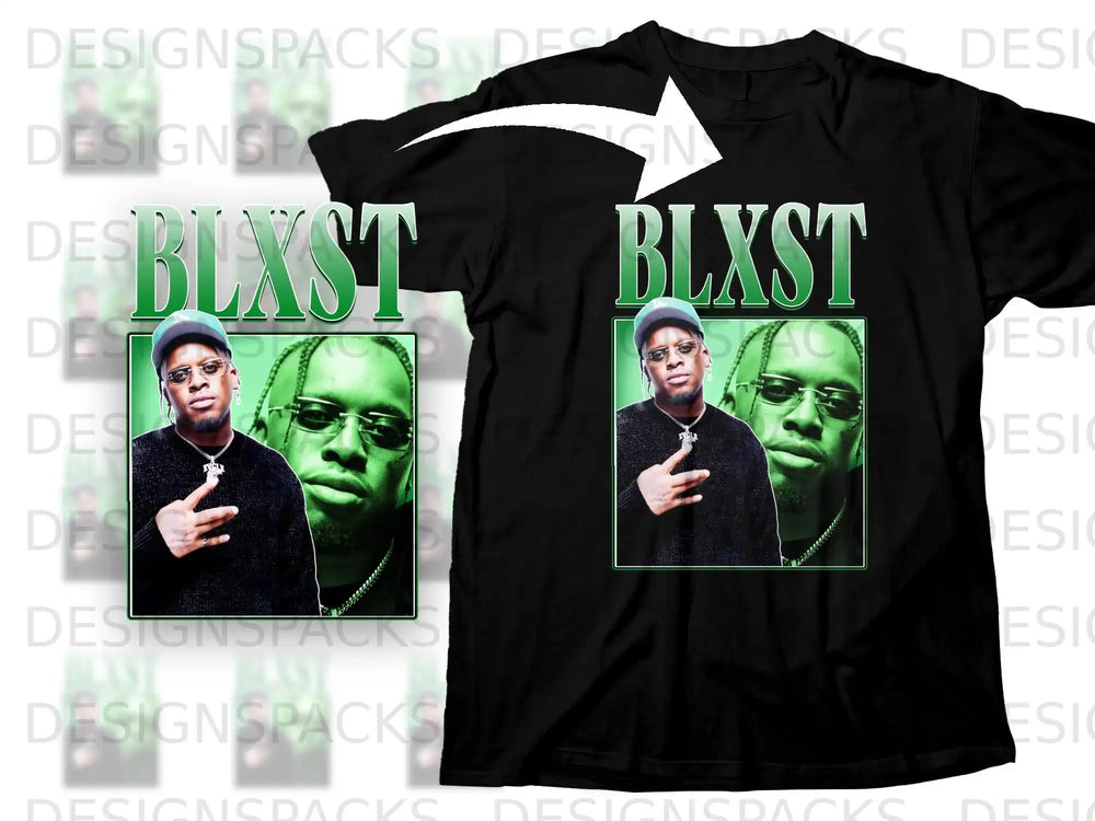 Black t-shirt with graphic of Blxst rapper and "BLXST" text.