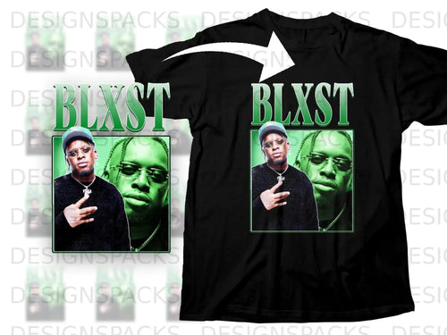 Black t-shirt with graphic of Blxst rapper and 