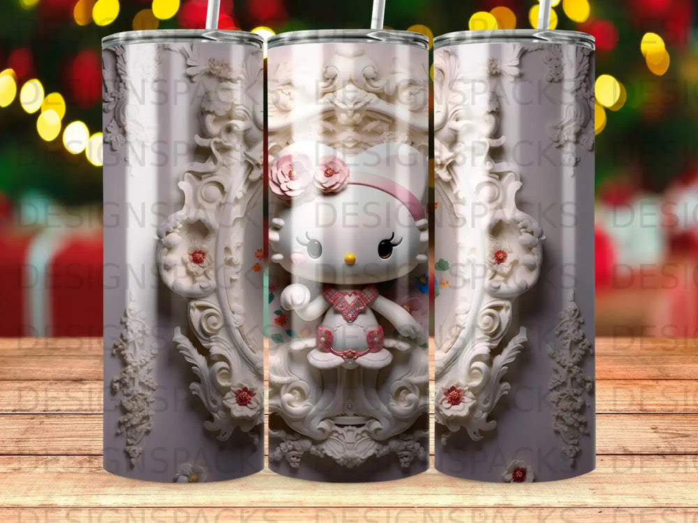 Pink Hello Kitty tumbler with ornate white frame and floral accents.