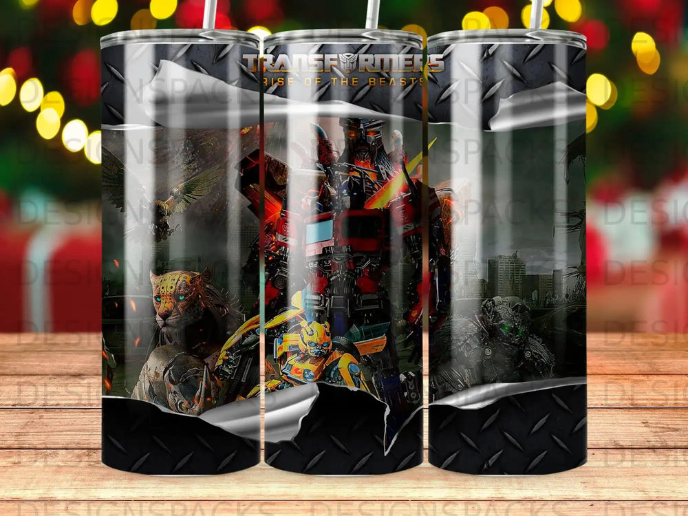 Transformers Rise of the Beasts Optimus Prime and other characters on a textured background.
