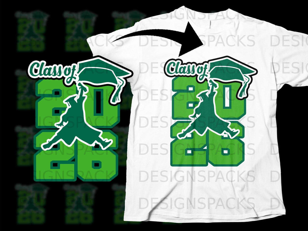 Green graphic on white t-shirt "Class of 2026" with graduation cap and silhouette.