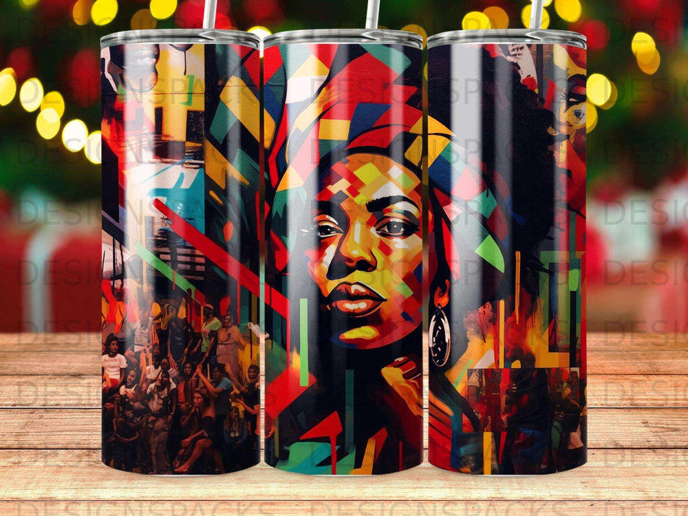 Abstract portrait of a Black woman with a colorful headwrap, set against a vibrant, geometric background.