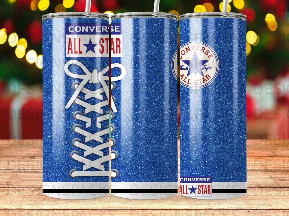Glittering blue tumbler with Converse All Star logo and shoelace design.