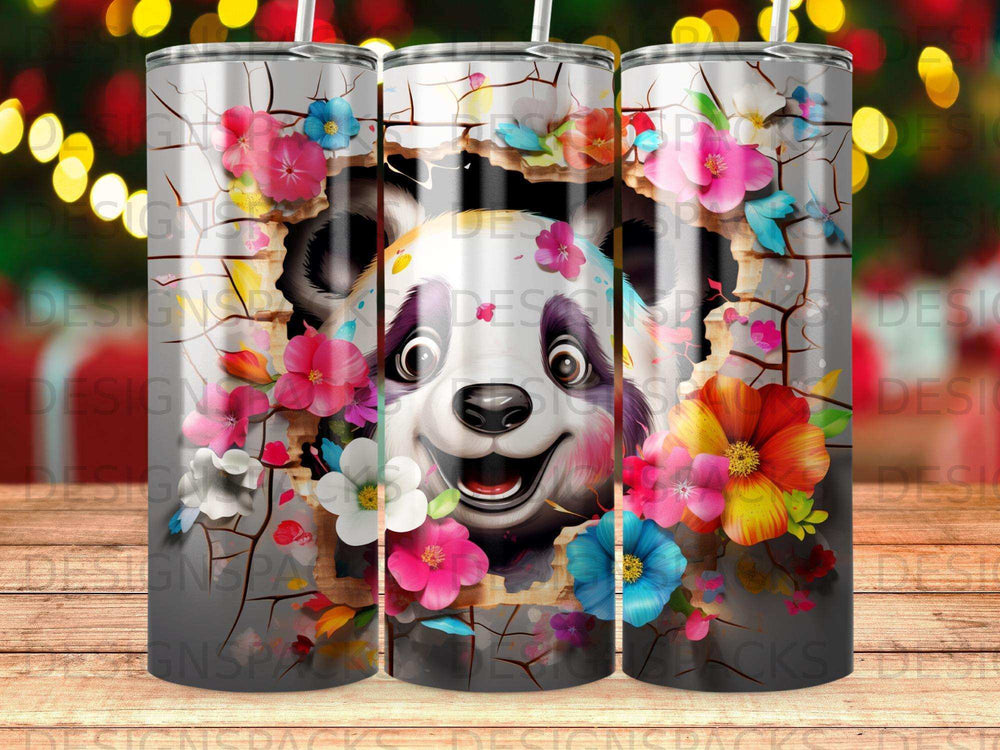 Panda face peeking through cracked wall with colorful flowers.