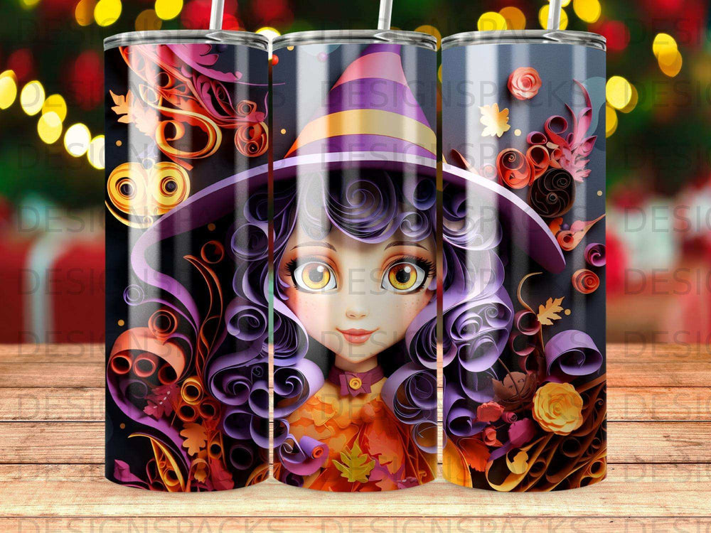Witch girl with curly hair and a pointed hat, surrounded by autumn leaves.
