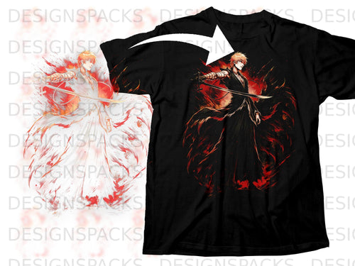 Black t-shirt with anime character Ichigo Kurosaki holding a sword, with red flames.