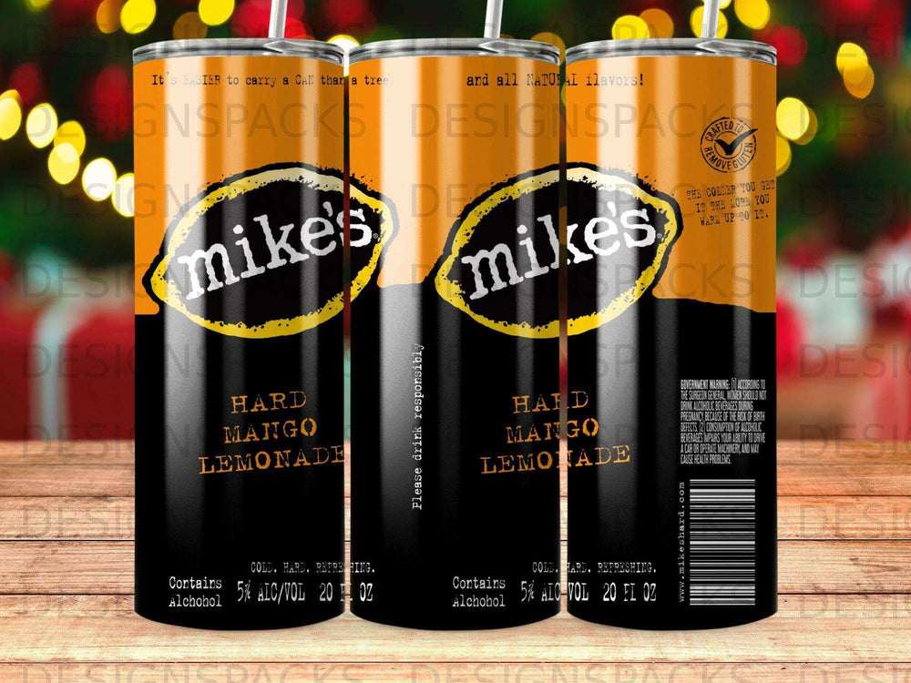 Three cans of Mike's Hard Mango Lemonade showing the front label and side text.