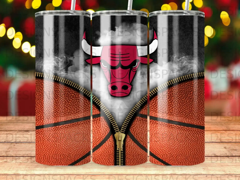Chicago Bulls logo on a basketball texture tumbler with a zipper.