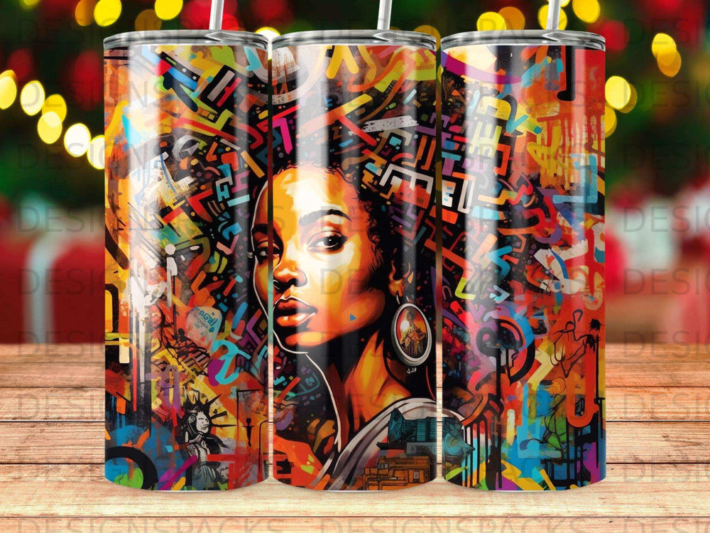 Colorful tumbler with vibrant abstract art featuring a Black woman's portrait.