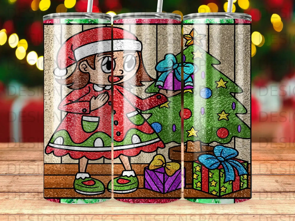 Cartoon girl in Santa hat decorating Christmas tree with presents.