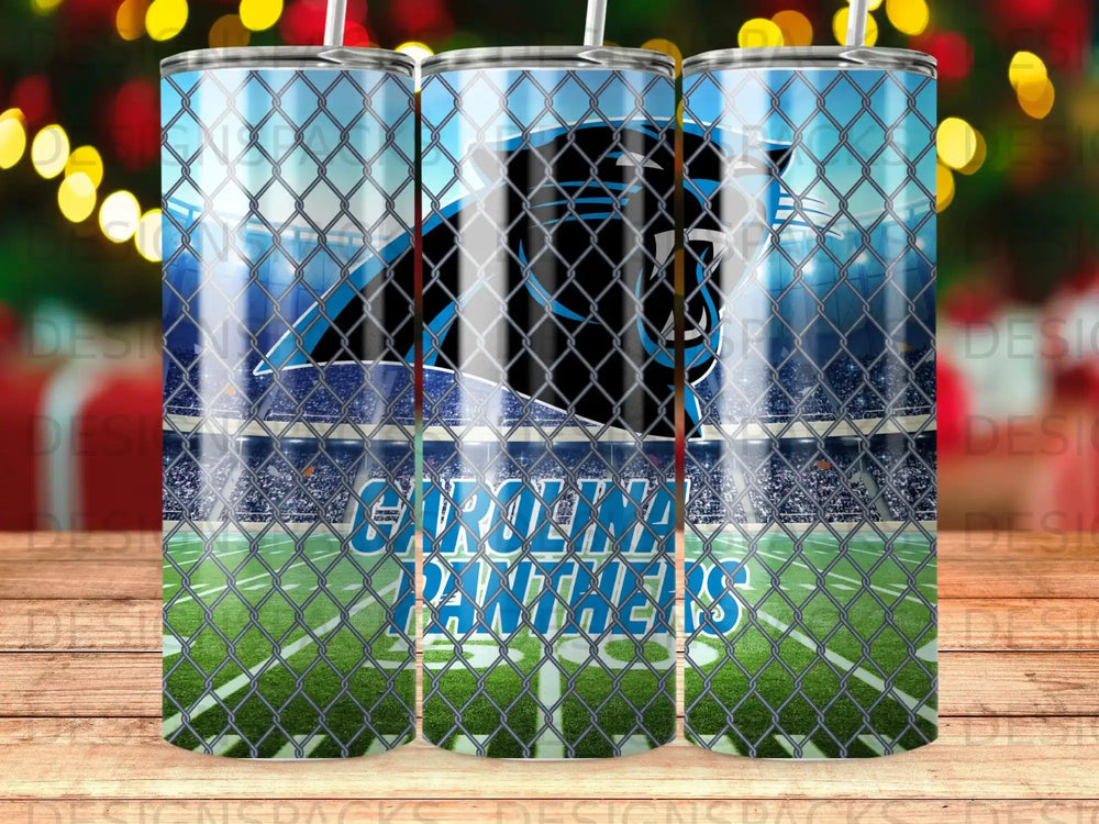 Carolina Panthers logo on stadium background with chain-link fence overlay.