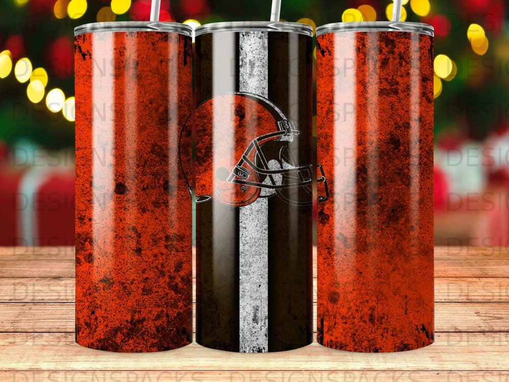Cleveland Browns helmet and stripes on distressed orange tumblers.