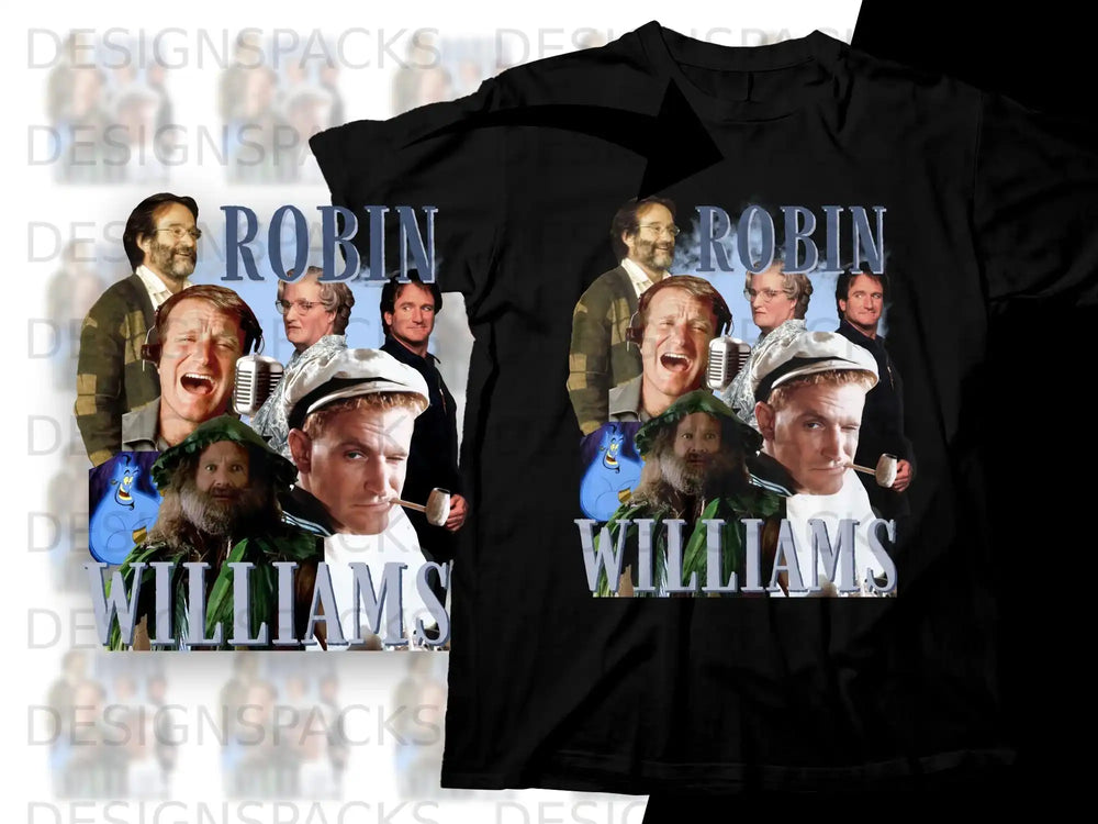 Robin Williams collage on black t-shirt.
