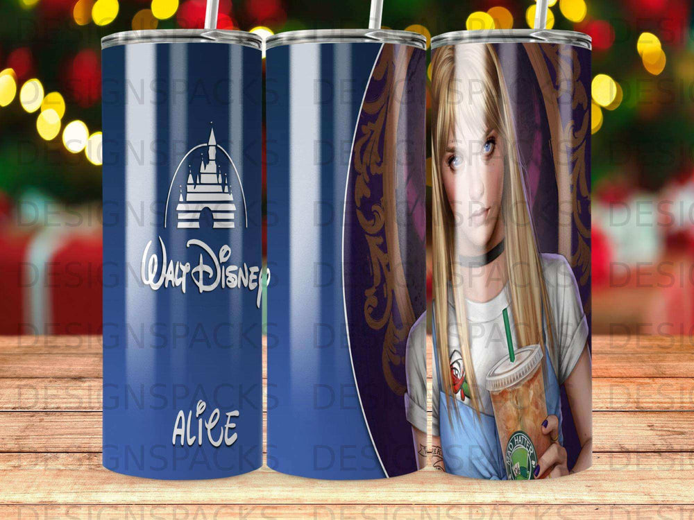 Disney Alice in Wonderland tumbler with Walt Disney logo and Starbucks logo.