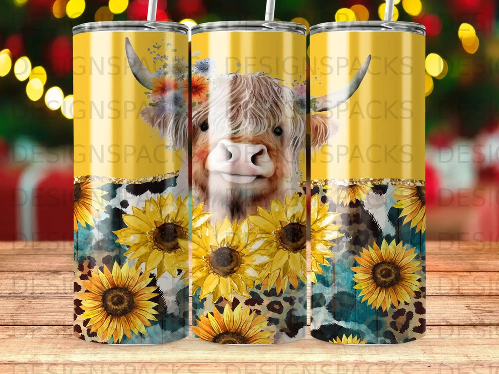 Highland cow with sunflowers and leopard print on a yellow tumbler.