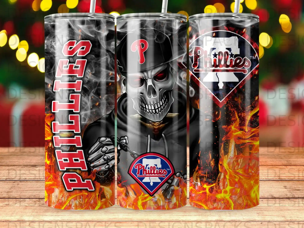 Philadelphia Phillies skull logo on a fiery tumbler with smoke.