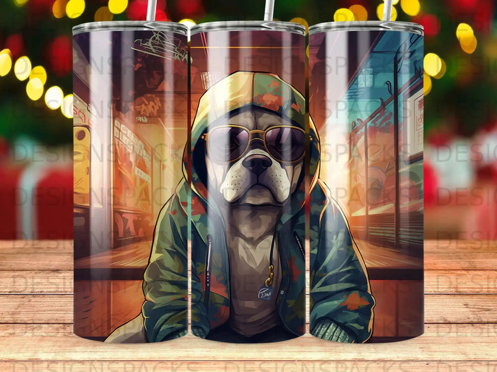 Bulldog wearing sunglasses and hoodie, art style.