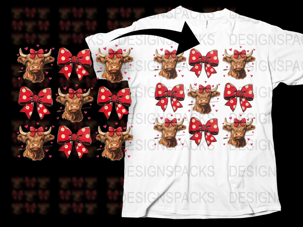 Highland Cow T-Shirt with Red Bows, Cute Animal Print Tee, Fun Graphic Top, Unisex White Shirt