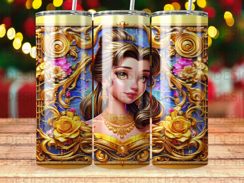 Belle from Beauty and the Beast with golden floral ornaments.