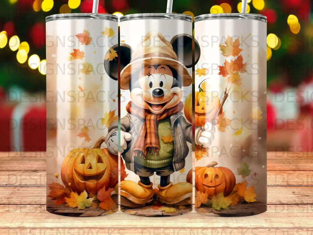 Mickey Mouse in autumn attire with pumpkins and fall leaves.