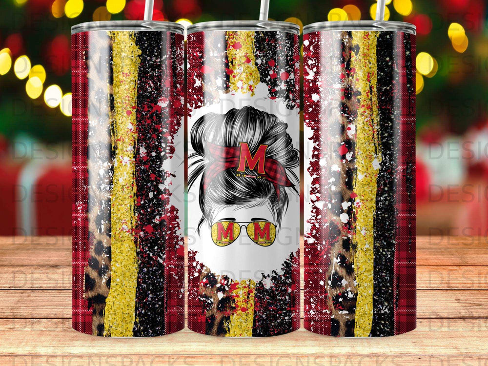 Red, black, and yellow plaid and leopard print tumbler with a distressed "MOM" graphic.