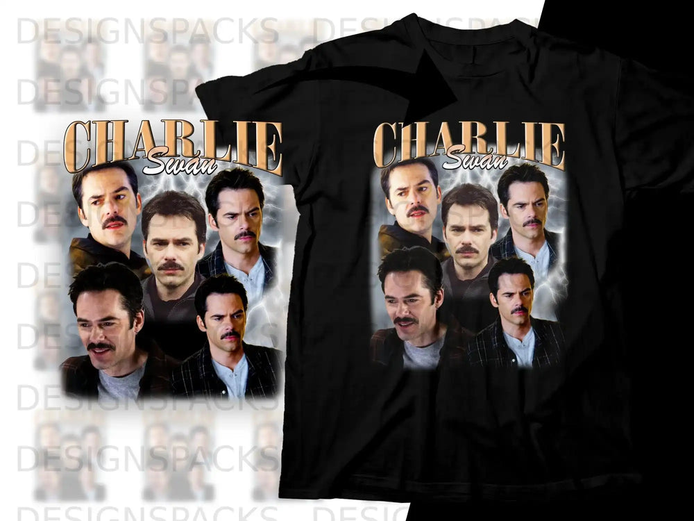 Black t-shirt with collage of actor Charlie Swan in various poses.