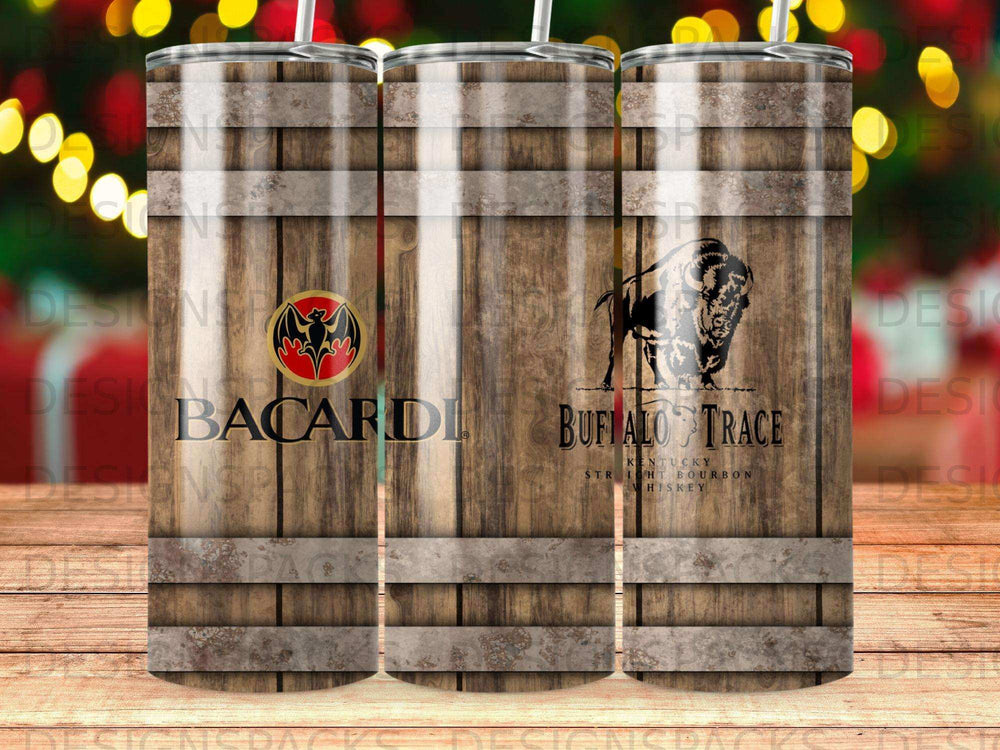 Bacardi and Buffalo Trace whiskey tumbler with wood grain and bokeh background.