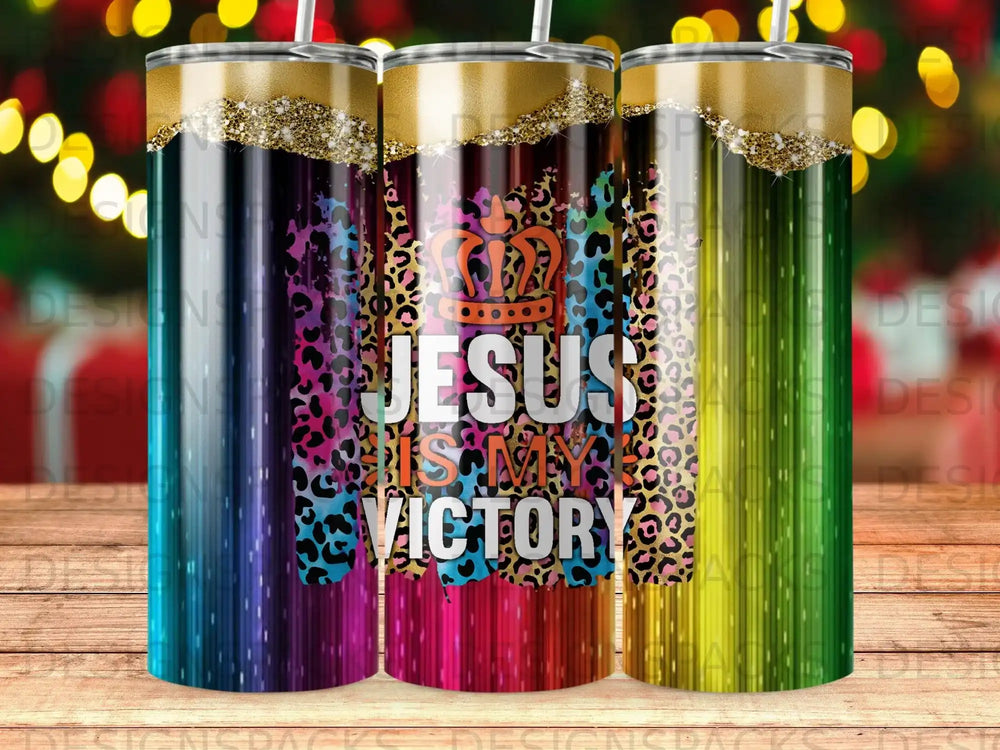 Jesus is my victory tumbler with rainbow and leopard print design.