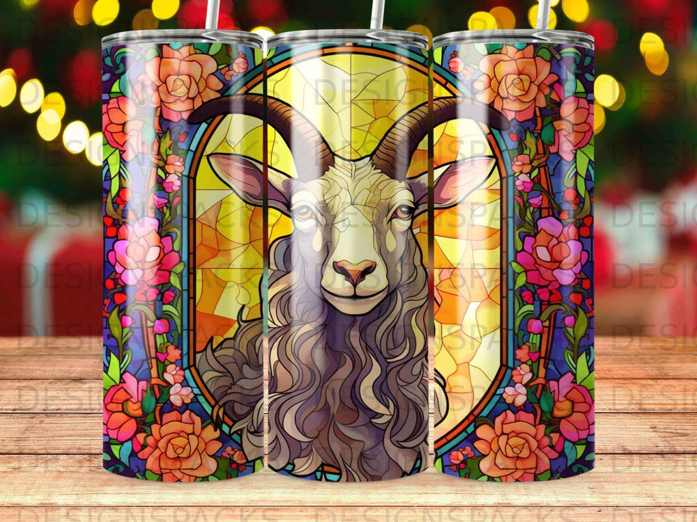 Stained glass art of a ram's head surrounded by vibrant flowers.