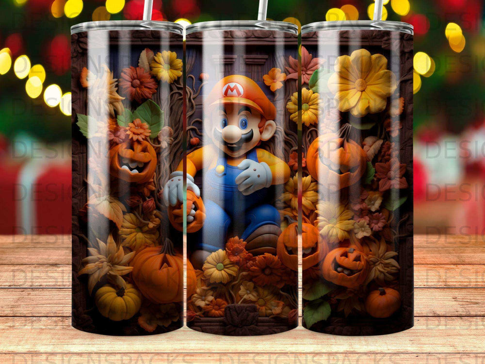 Mario character surrounded by pumpkins and autumn flowers, 3D render.