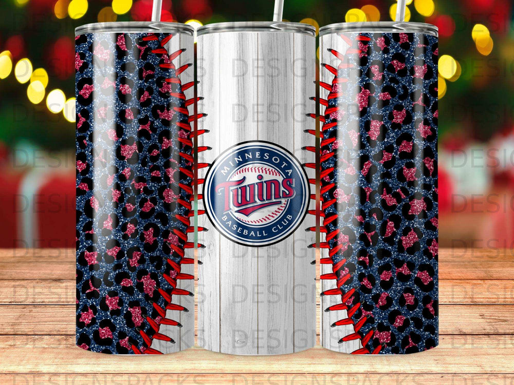 Minnesota Twins baseball club tumbler with leopard print and stitching design.