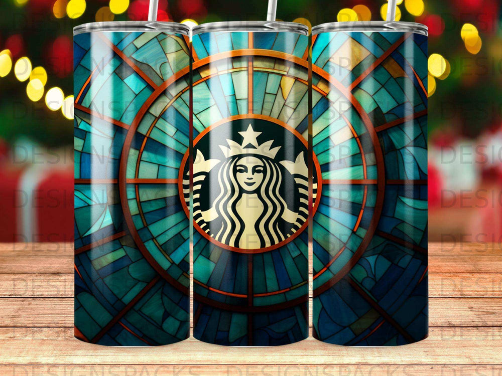 Starbucks siren logo in a stained glass circle pattern on a tumbler.