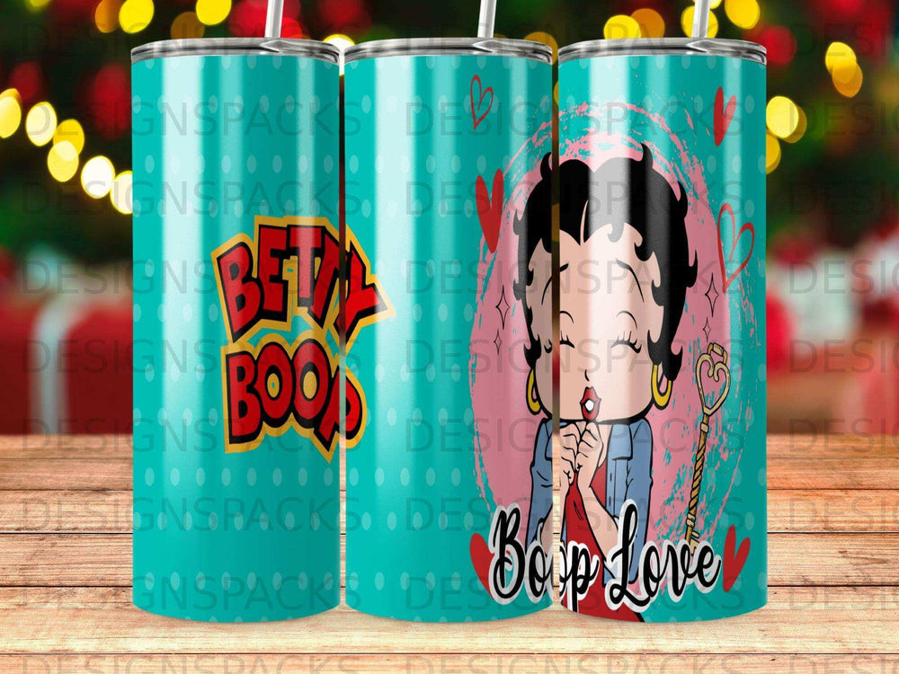 Betty Boop with hearts and "Bop Love" text on a blue background.