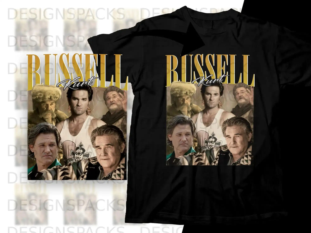 T-shirt with collage of Kurt Russell from various films.