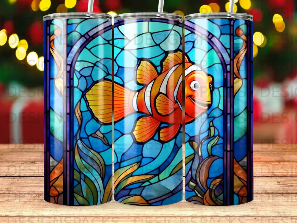 Clownfish swimming through stained glass ocean-themed pattern.