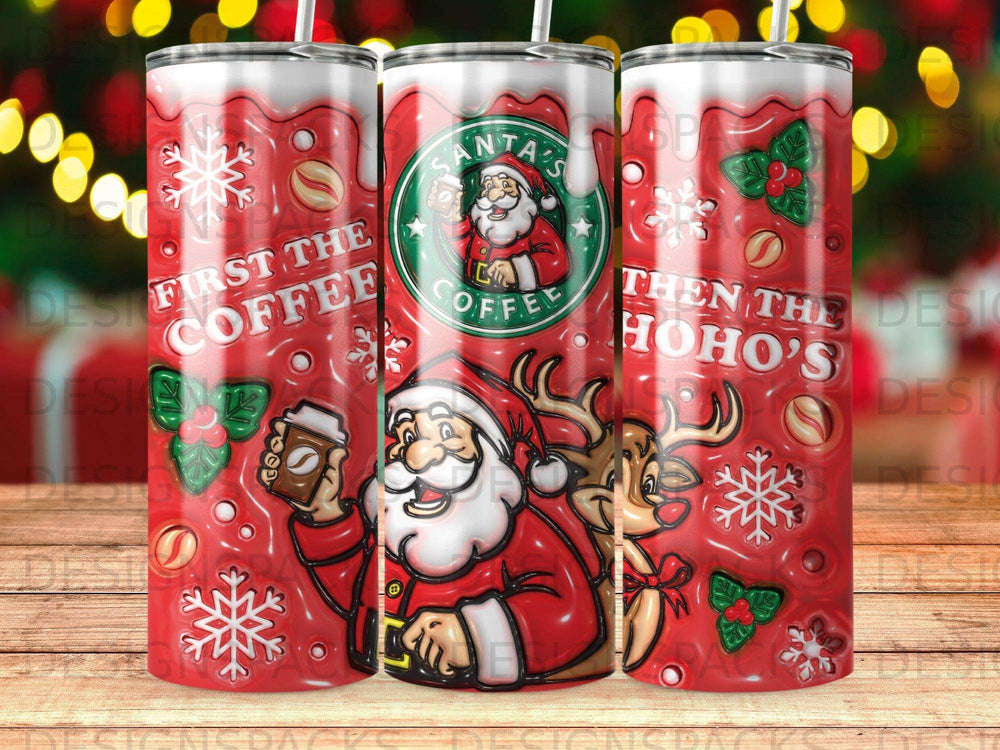 Santa with coffee cup and reindeer on a red and white snowflake patterned tumbler.