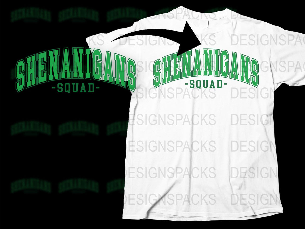 Shenanigans Squad Graphic T-Shirt, Green Text Sports Team Tee, Unisex Casual Clothing