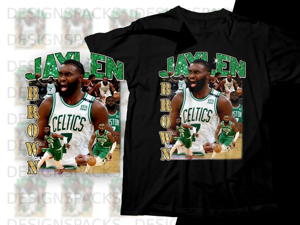 Jaylen Brown Celtics basketball jersey on black t-shirt.