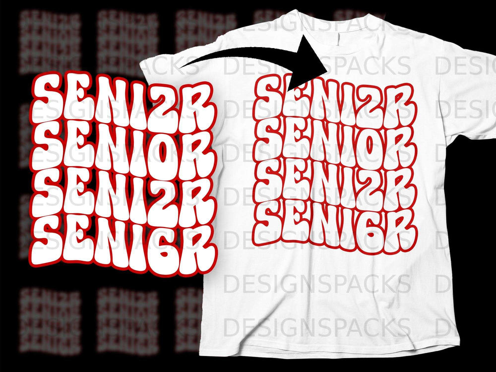 White t-shirt with red "Senior" text in a groovy font, repeated.