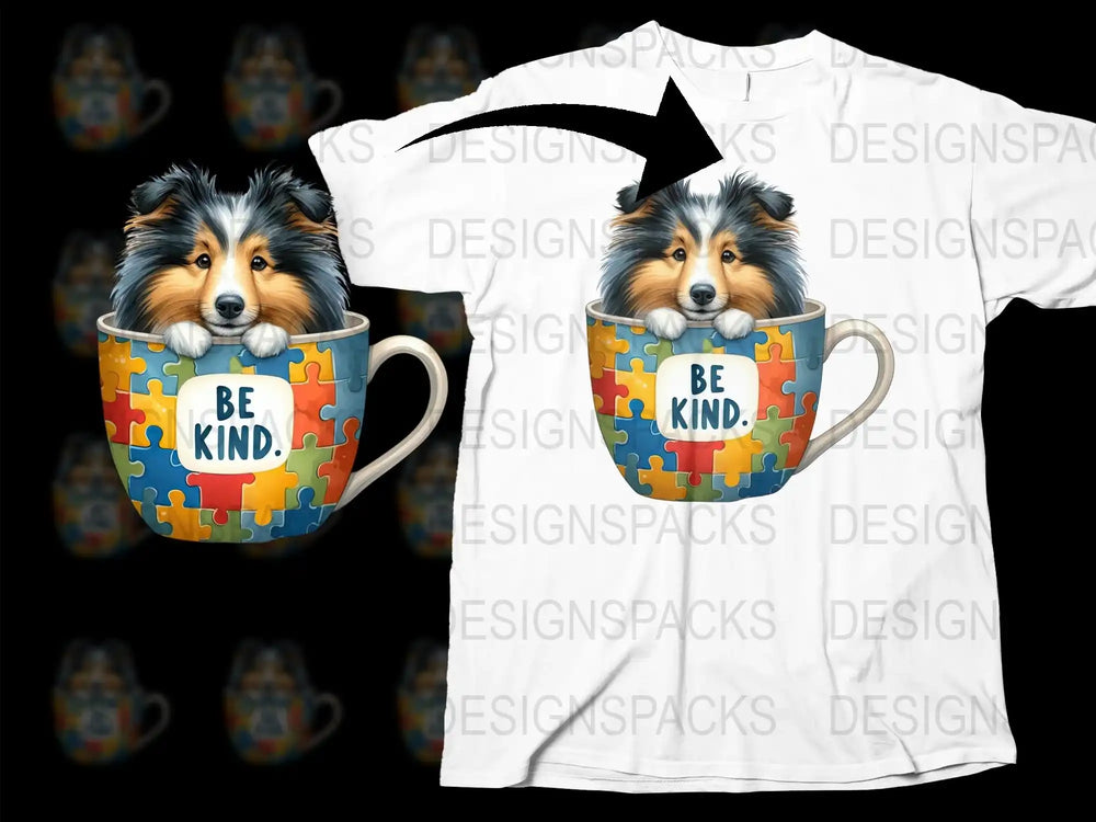 Sheltie Dog Puzzle Mug Design T-Shirt, Be Kind Quote, Animal Lover Gift, Colorful Graphic Tee